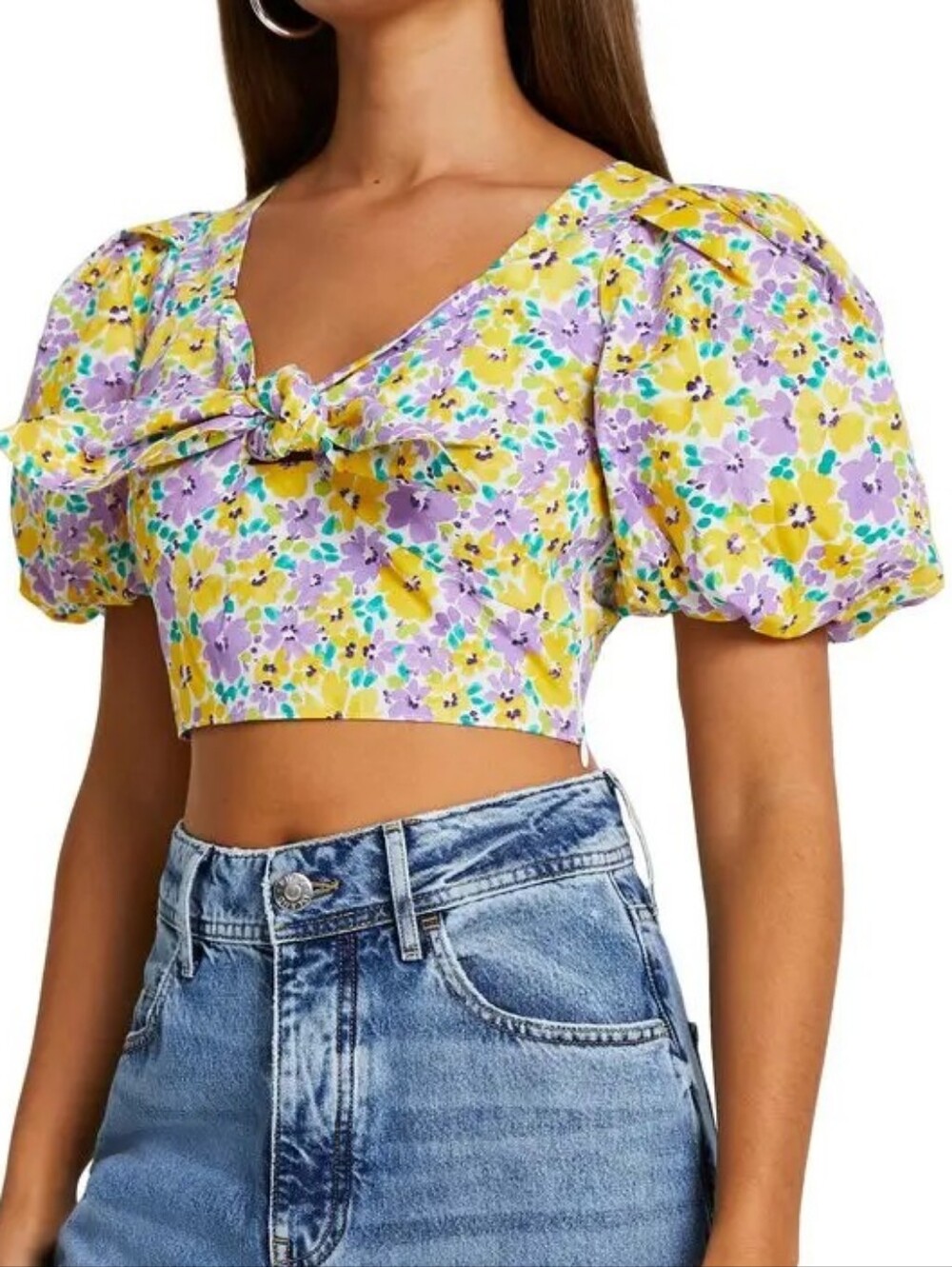 River Island Yellow & Purple Floral Tie-Front Puff Sleeve Crop Top